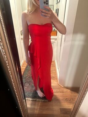 Dress the Population Red Strapless Asymmetrical Ruffle Gown
